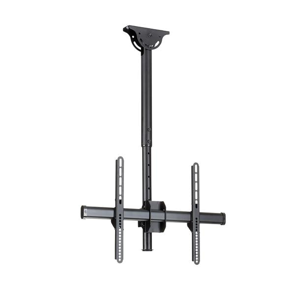 Ceiling-mounted flat-screen TV mount with full motion, supporting 32"-75" TVs, space-saving design, and adjustable heights.