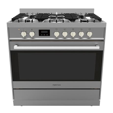 Stainless steel Parmco 900mm freestanding stove with 123L oven, 8 cooking functions, and flame failure safety technology.