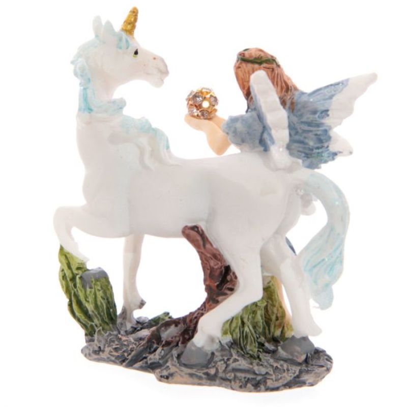 Set of 24 assorted resin flower fairy and unicorn figures in a charming mini gift bag with ribbon handles.