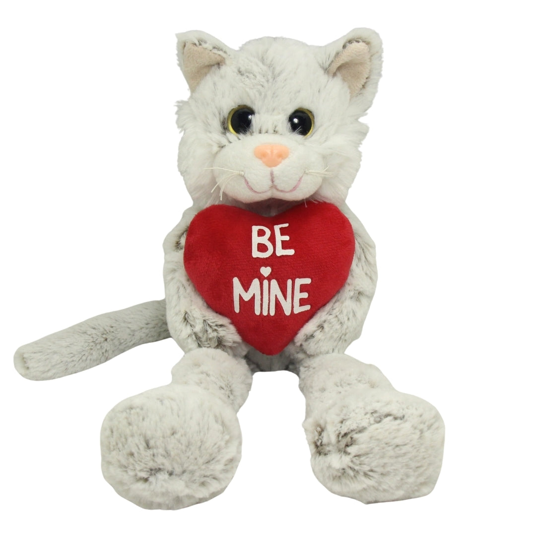 Soft Plush Toy -  Romance Bella Cat. Cat holding red heart with print Be Mine