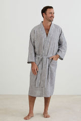 Lightweight grey and white striped kimono-style robe with two pockets and waist tie, made from cotton-linen blend.