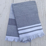 Stylish grey kitchen towel set made from 100% cotton, OEKO-TEX certified, featuring striped design for functionality.