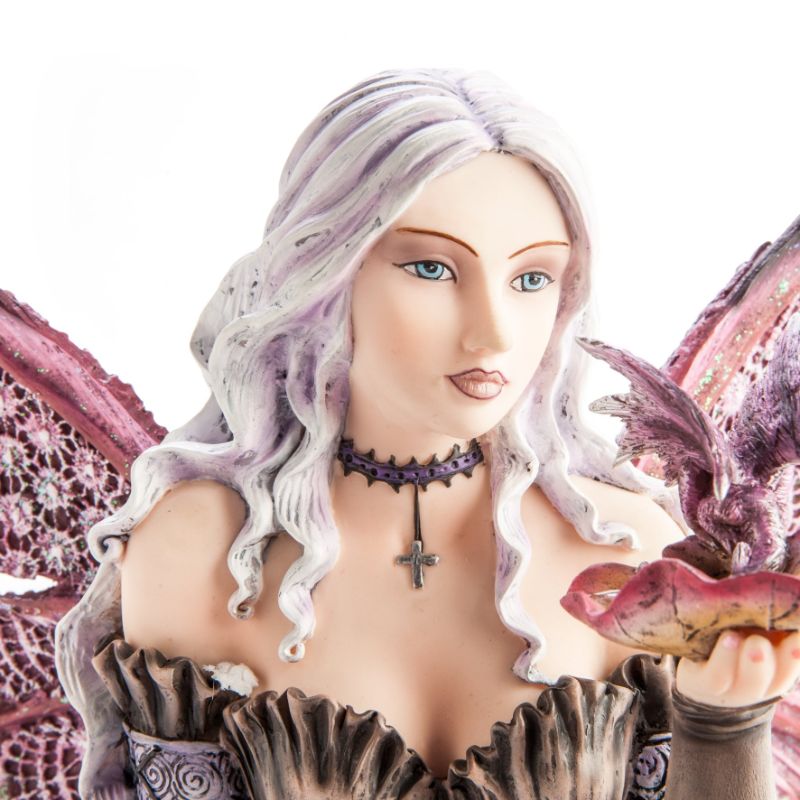 Lilac-haired fairy feeding a tiny dragon by a shimmering rock pond, intricately detailed for enchanting home decor.