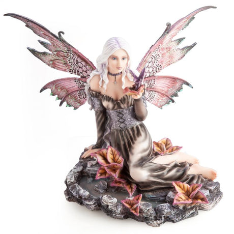 Lilac-haired fairy feeding a tiny dragon beside a shiny pond, intricately detailed and whimsical, perfect for home decor.