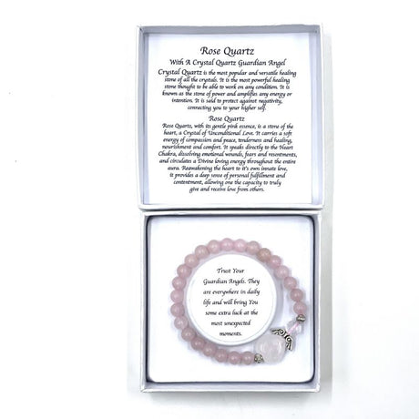 Rose Quartz Crystal Heart Guardian Angel bracelet featuring 6mm beads, a heart charm for love and protection, symbolizing emotional healing.