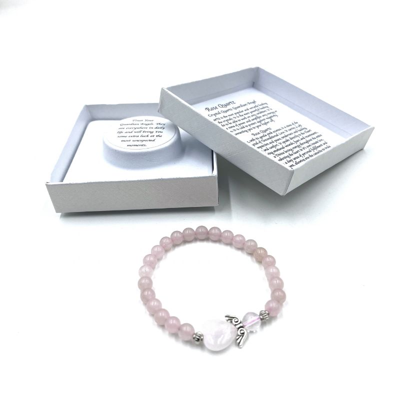 Rose Quartz Crystal Heart Guardian Angel bracelet with 6mm beads, symbolizing love, protection, and emotional healing.