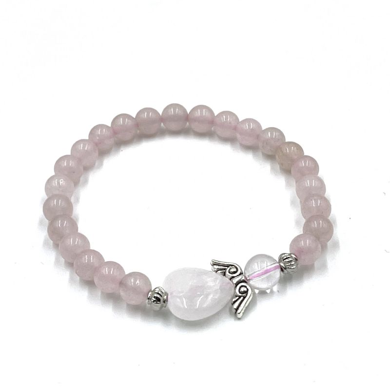 Rose Quartz Crystal Heart Guardian Angel bracelet featuring 6mm beads, a heart charm, and symbolizes love and protection.