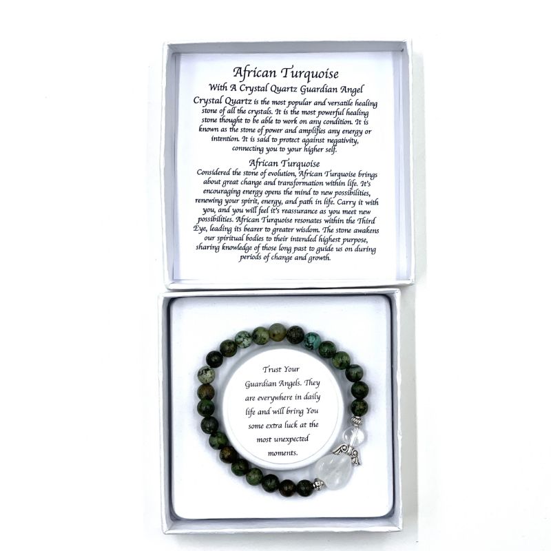 African Turquoise Heart Guardian Angel Bracelet showcasing unique gemstone beads, symbolizing protection and peace.