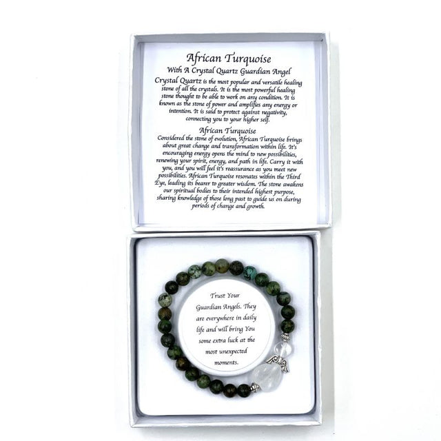 African Turquoise Heart Guardian Angel Bracelet showcasing unique gemstone beads, symbolizing protection and peace.