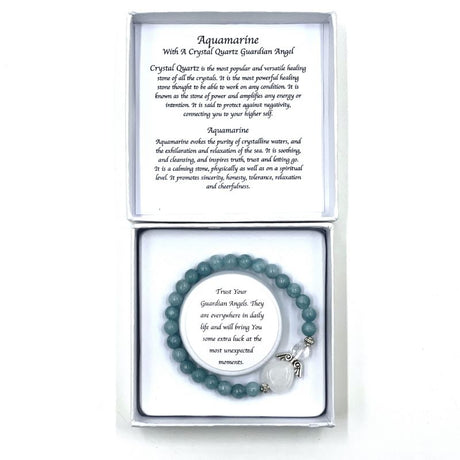 Aquamarine crystal bracelet featuring heart design, symbolizing love, protection, and guardian angels.