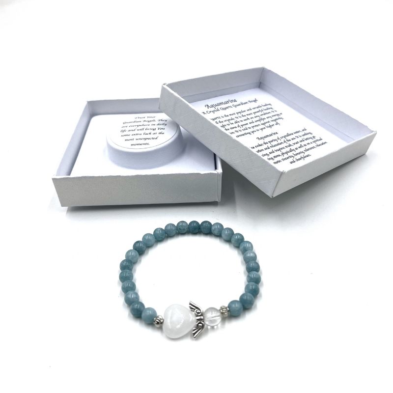 Aquamarine Crystal Heart Guardian Angel Bracelet, featuring 6mm calming crystals for elegance and spiritual protection.