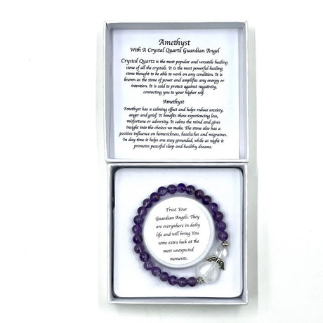 Handcrafted amethyst bracelet with heart charm, promoting healing, peace, and emotional support.