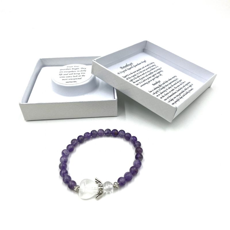 Amethyst crystal heart bracelet with guardian angel charm, promoting healing, balance, and emotional support.