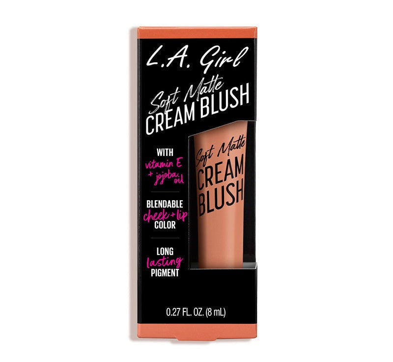 Soft Matte Cream Blush in Cutie by LA Girl showcases a creamy texture for a natural, buildable flush on cheeks and lips.