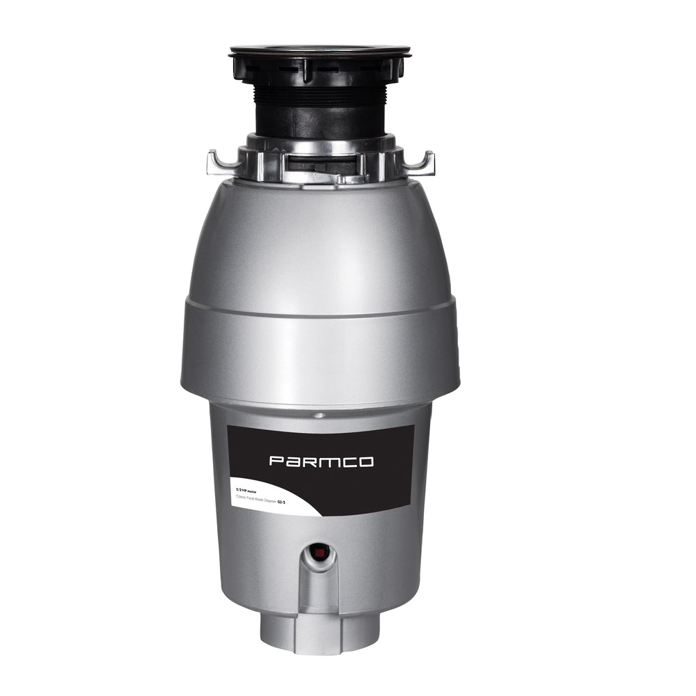 Alt text: "Parmco Mid Duty Waste Disposal with 1/2HP motor, quiet operation, durable hammers, and easy installation for efficient waste management."