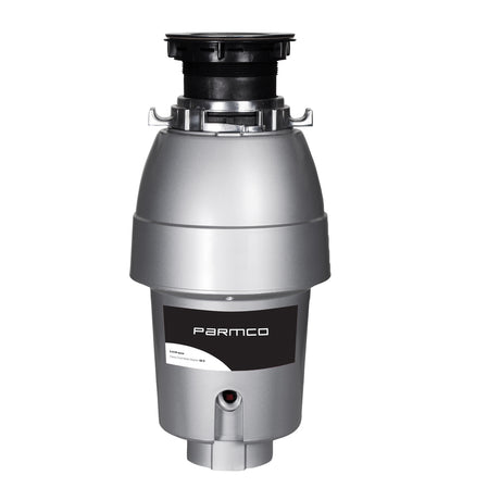 Alt text: "Parmco Mid Duty Waste Disposal with 1/2HP motor, quiet operation, durable hammers, and easy installation for efficient waste management."