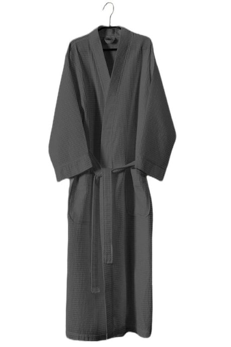 Charcoal 50/50 waffle kimono bathrobe with two pockets, waist tie, and unisex design, perfect for post-shower comfort.