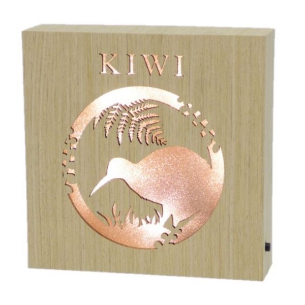 Kiwiana Kiwi Wooden LED Block, H:15 x W:15 x D:4 cm, features a kiwi design, illuminating your space with natural warmth.