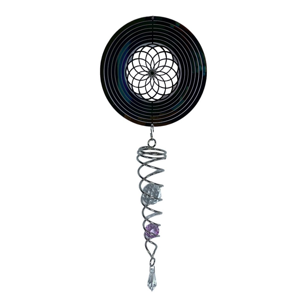 Mesmerizing 3D Flower of Life wind spinner with vibrant colors, perfect for enhancing garden aesthetics and promoting tranquility.