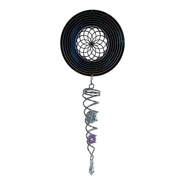 Mesmerizing 3D Flower of Life wind spinner with vibrant colors, perfect for enhancing garden aesthetics and promoting tranquility.