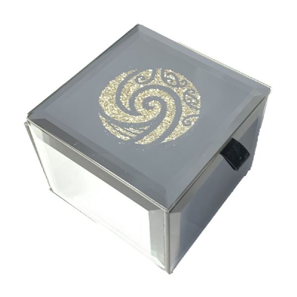 Bling mini trinket box featuring a Koru design, symbolizing peace and new beginnings, measuring 6.5 x 7.5 x 7.5 cm.