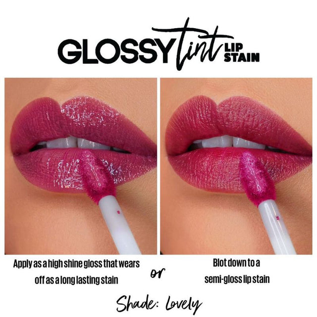 Glossy Tint Lip Stain with vibrant color, glossy finish, non-drying formula, and a precise applicator for effortless application.