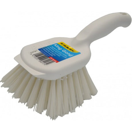 Heavy-duty white polyester brush with stiff bristles for effective cleaning in hard-to-reach areas. Ideal for commercial use.