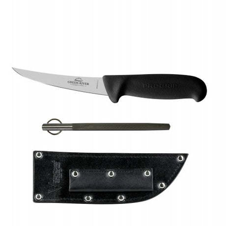 Boning knife set with high carbon steel blades, Progrip handles, sharpening steel, and leather sheath for easy storage.