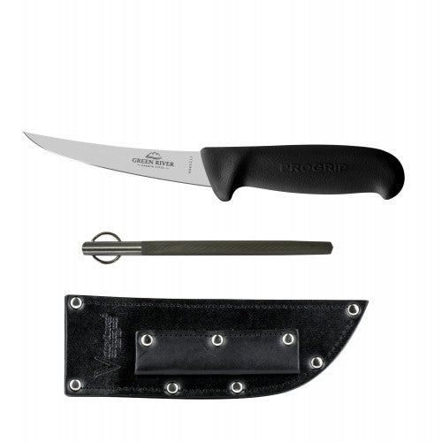 Boning knife set with high carbon steel blades, Progrip handles, sharpening steel, and leather sheath for easy storage.