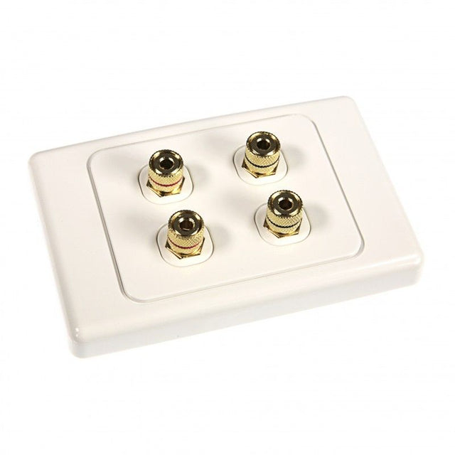 White two speaker wall plate with four heavy-duty binding posts for versatile audio connections, perfect for professional installations.