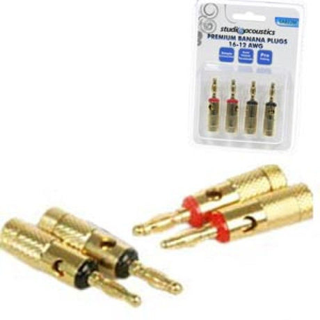 Four premium gold-plated banana plugs in red and black, designed for secure audio connections with thick speaker cables.