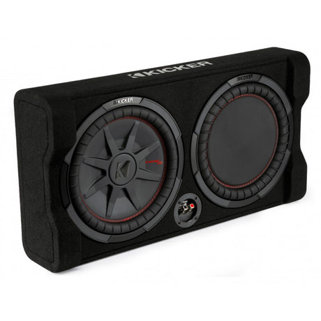 12-inch KICKER subwoofer in a black MDF enclosure, designed for powerful, space-saving bass performance in vehicles.