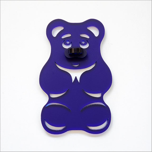 Whimsical blue satin acrylic Gummy Bear art, perfect for adding charm to any decor, especially in high moisture areas.