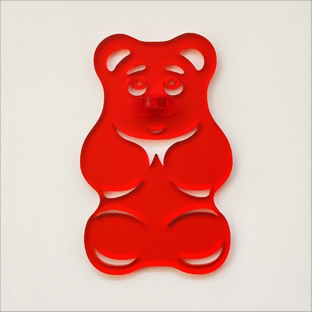 Vibrant red acrylic Gummy Bear art piece, 88mm x 139mm, features a frosted surface, perfect for playful home decor.