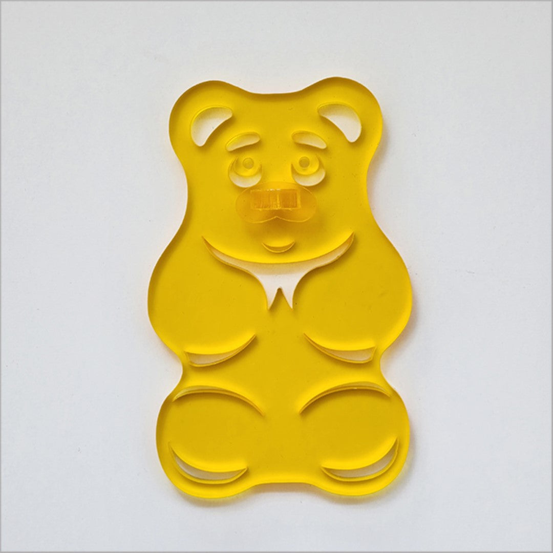 Yellow satin acrylic gummy bear sculpture, 88mm x 139mm, perfect for colorful home decor and moisture-resistant areas.