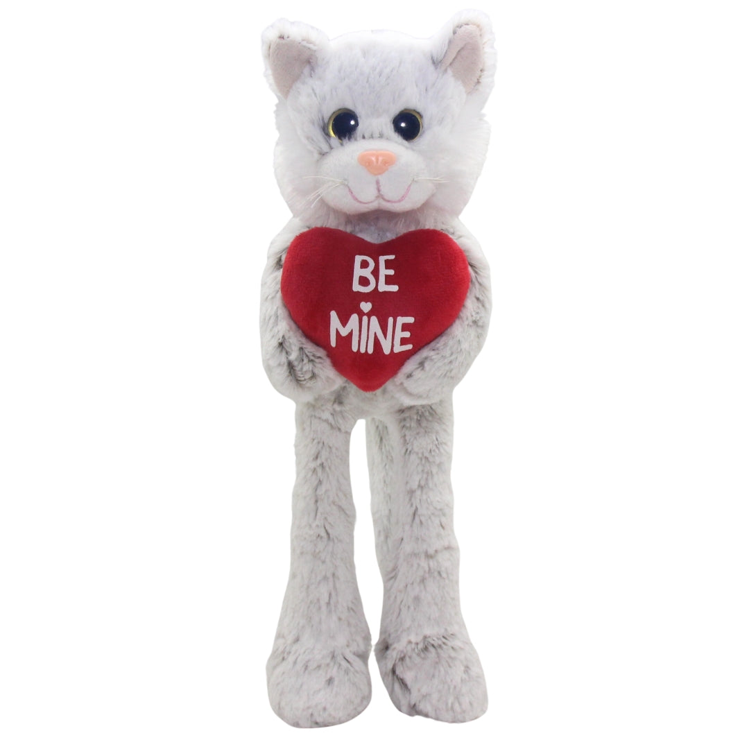 Soft Plush Toy -  Romance Bella Cat. Cat holding red heart with print Be Mine