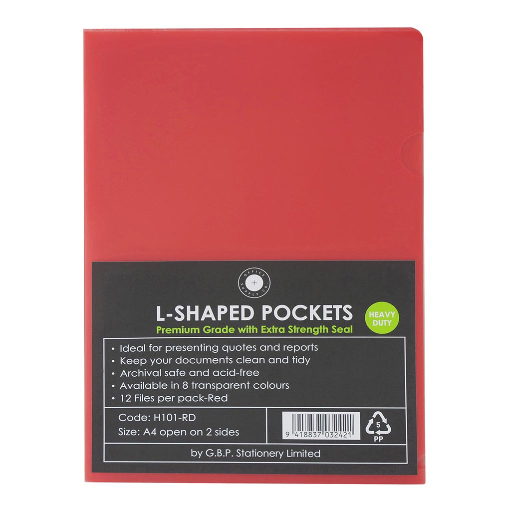 Vibrant red A4 L shaped pockets pack of 12, durable and archival-safe for organized document storage and display.