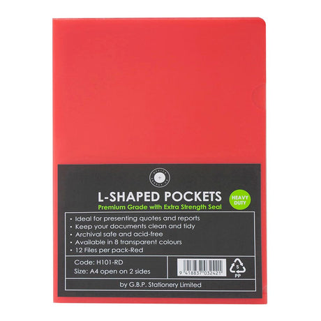 Vibrant red A4 L shaped pockets pack of 12, durable and archival-safe for organized document storage and display.