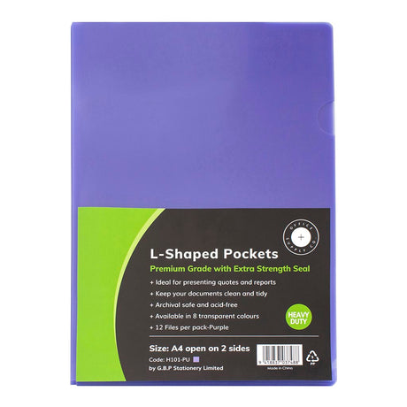 Purple A4 L Shaped Pockets pack of 12, made from durable, archival-safe polypropylene for organizing documents stylishly.