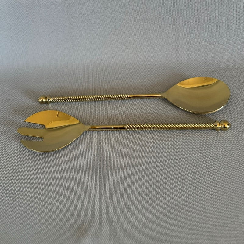 Elegant set of 2 brass salad servers, 28cm, perfect for stylishly serving salads and pasta at any occasion.