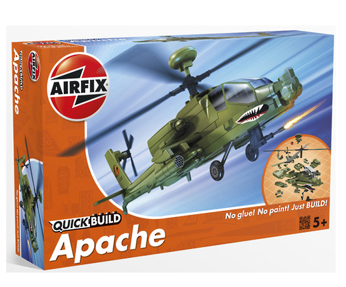 Model kit of the Quickbuild Apache Helicopter, featuring 37 push-fit parts, display stand, and decorative stickers.