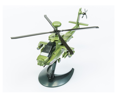 Push-fit Apache Helicopter model kit with 37 pre-coloured parts, display stand, and decorative stickers, ideal for ages 8+.