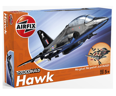 Quickbuild BAe Hawk model kit featuring 26 pre-colored parts, display stand, and stickers for easy assembly, suitable for ages 8+.