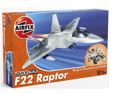 Detailed Quickbuild F22 Raptor model kit with 24 pre-colored parts, perfect for ages 8+, no painting required.