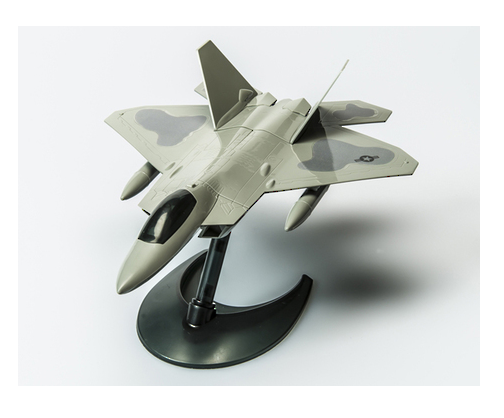 Detailed push-fit model kit of the F22 Raptor, featuring 24 pre-colored parts and a display stand, ideal for ages 8+.