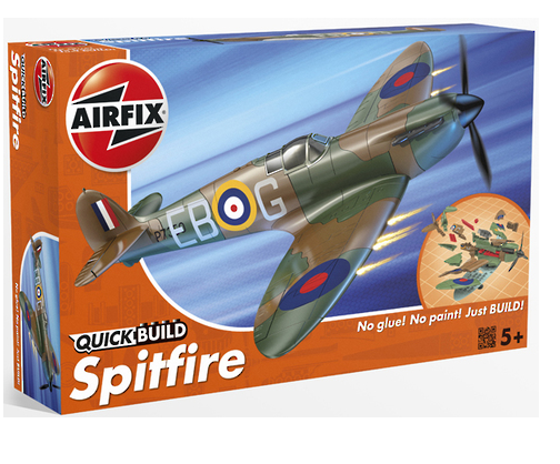 Quickbuild - Spitfire model kit with 34 push-fit parts, decorative stickers, and display stand for ages 8+, showcasing iconic aircraft design.