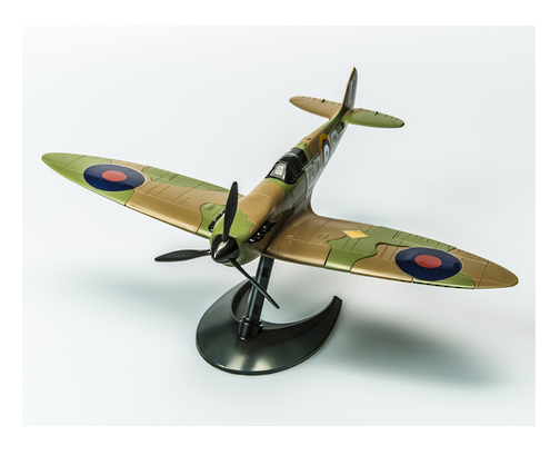 Quickbuild - Spitfire model kit featuring 34 pre-coloured parts, ideal for ages 8+, no painting required, includes display stand.