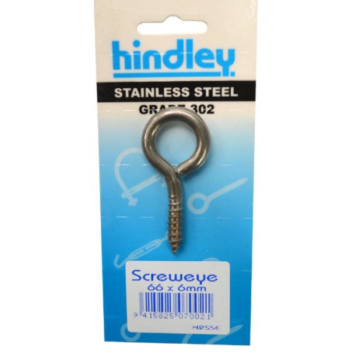 Stainless Screweye 66x6mm    Carded  Hindley