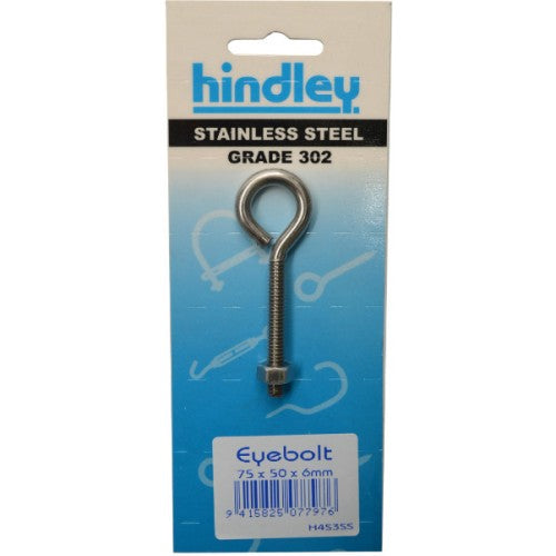 Stainless Eyebolt  75x50x6mm   Carded  Hindley