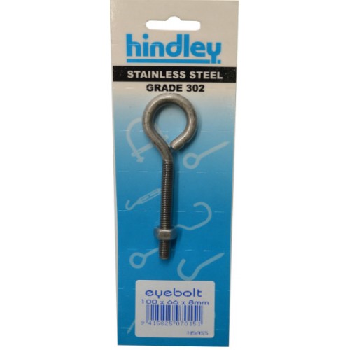 Stainless Eyebolt 100x66x8mm   Carded  Hindley